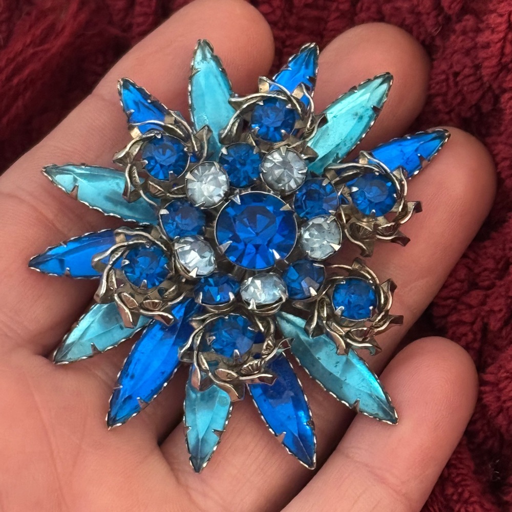 Vintage MCM Blue Floral Brooch